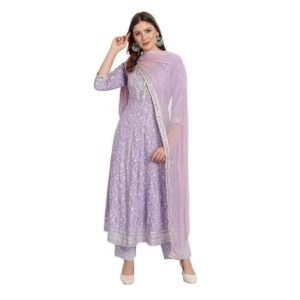 Women's Solid Straight Embroidered Kurta Pant Set with Organza Dupatta