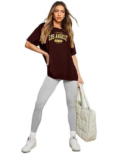 Women's Oversized Cottonblend Half Sleeve Drop Shoulder Printed Tshirt (Color Brown) - Image 4
