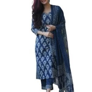 Women's Cotton Handwork Straight Kurta with Pant & Dupatta