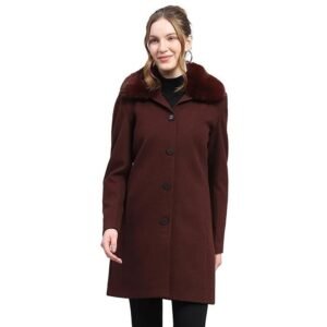Carlo Womens Wool Blend Hip Length Self Design Wine Notched Lapel Full Sleeve Coat