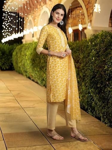 FAB Women's Cotton Printed Straight Kurta with Palazzo & Dupatta Set - Image 4