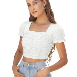 Solid | Floral Puff Sleeve Elastic Crop Top with Square Neckline Ruched Design Lightweight Stylish Top for Western Casual Everyday Wear