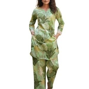 Women's Cotton Blend Green Printed V-Neck Co-ord Set | Daily & Casual Wear