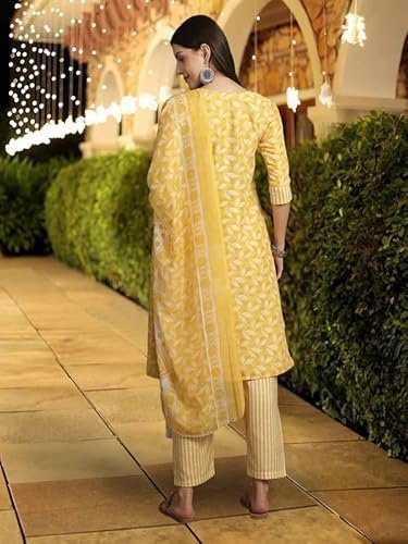 FAB Women's Cotton Printed Straight Kurta with Palazzo & Dupatta Set - Image 3
