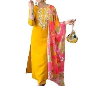 Women's Rayon Embroidered Straight Kurta with Pant and Dupatta (Available in Plus Size)