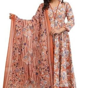 Women's Printed Cotton Anarkali Kurta & Pant With Dupatta Set