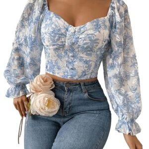 Sweetheart Neck Bishop Sleeve Floral Print Crop Top