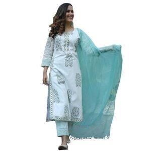 Women Pure Cotton Printed Straight Kurta with Pant & Dupatta Suit