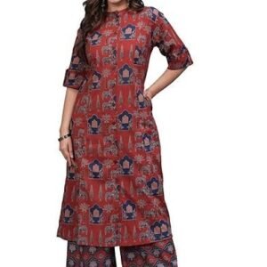 Women's Pure Cotton Printed A-Line Kurta Set with Palazzo Pants - Ethnic Wear, Maroon