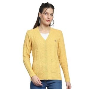 Carlo Womens Self Design Yellow V Neck Full Sleeve Cardigan_1243555VN-2454
