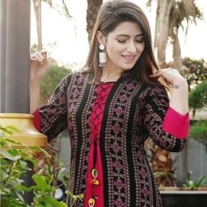 Women's Pure Cotton Jaipuri Printed Straight Kurti (Ready to Wear; Navy Blue and Red; S to 4XL)
