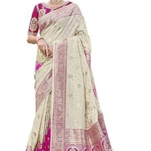 Women's Banarasi Silk Kanjivaram Saree For Wedding With Pure Zari Work, Woven Design, With Unstitched Blouse Piece