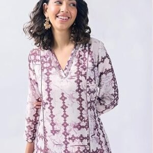 Printed Cotton Blend Anarkali Dress, Burgundy, 3/4 Sleeve, Round Neck, Fit & Flare