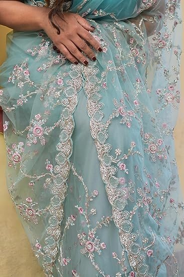 FASHION Saree For Womens And Girls Fandy sattin Fabric With Beautiful khatli Brits work along with all over arco border - Image 4