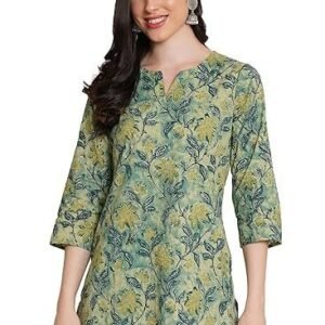 Gallery Women's Kantha Cotton Striped Printed 3/4 Sleeve Round Neck Straight Short Kurta Tops